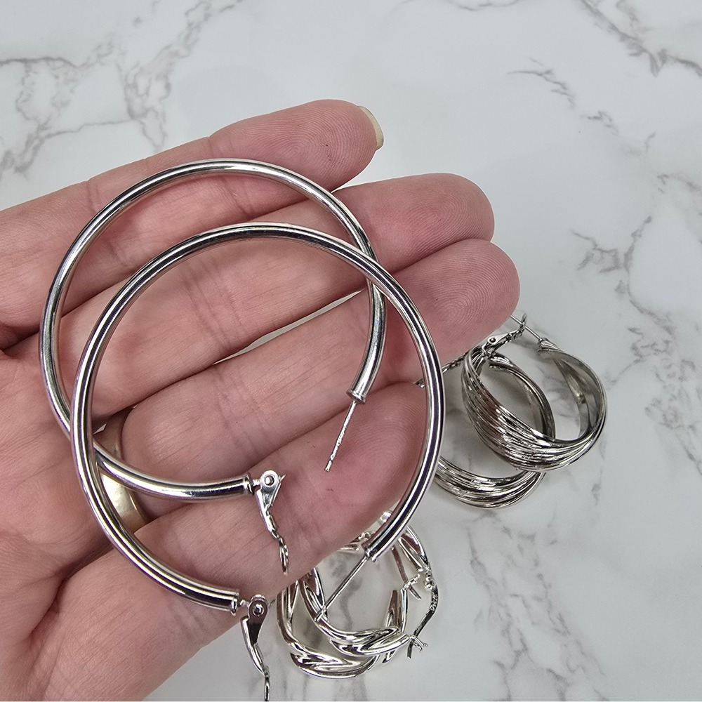 Sterling Silver Hoop Earring Set 3 Pairs Twisted Shrimp Polished 925 19.6g - Picture 8 of 14